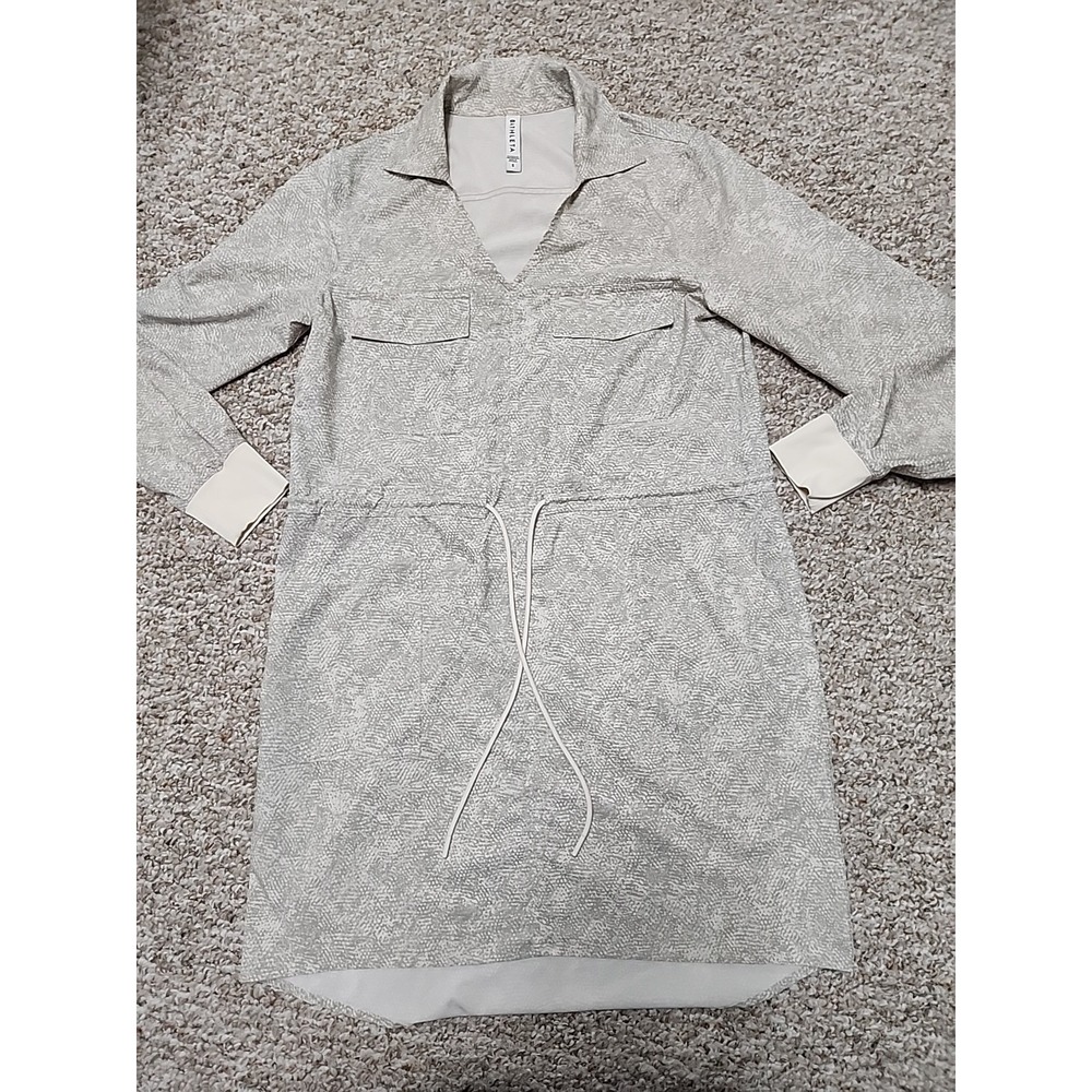 Athleta Grey White‎ Micro Print Long Sleeve Drawstring Waist Shirt Dress Small